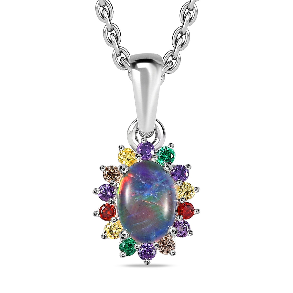 Boulder Opal and Simulated Rainbow Sapphire Sterling Silver Pendant with Chain (Size 20)