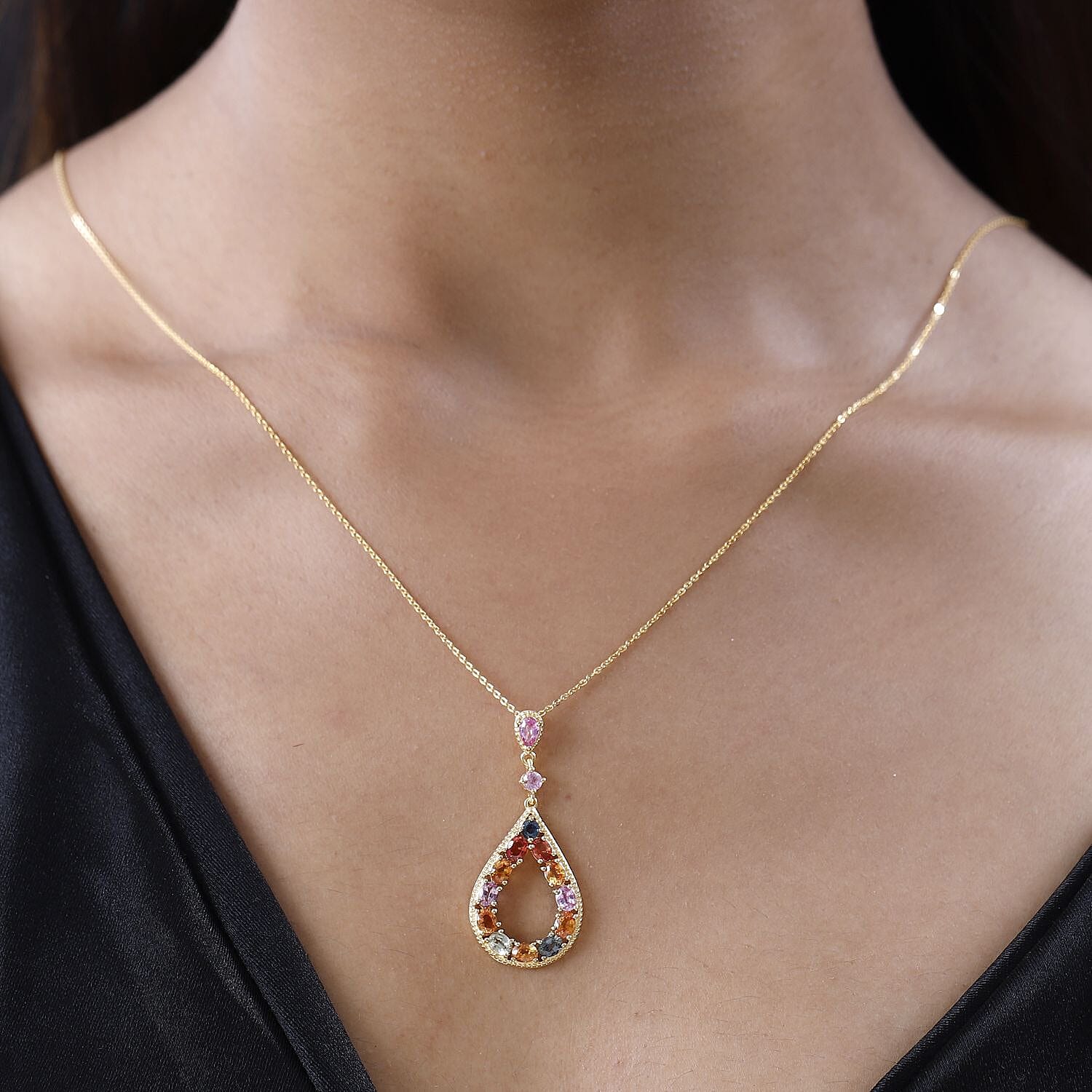 Multi Sapphire Pendant with Chain (Size 20) in 18K Yellow Gold Vermeil Plated Sterling Silver 3.10 Ct
