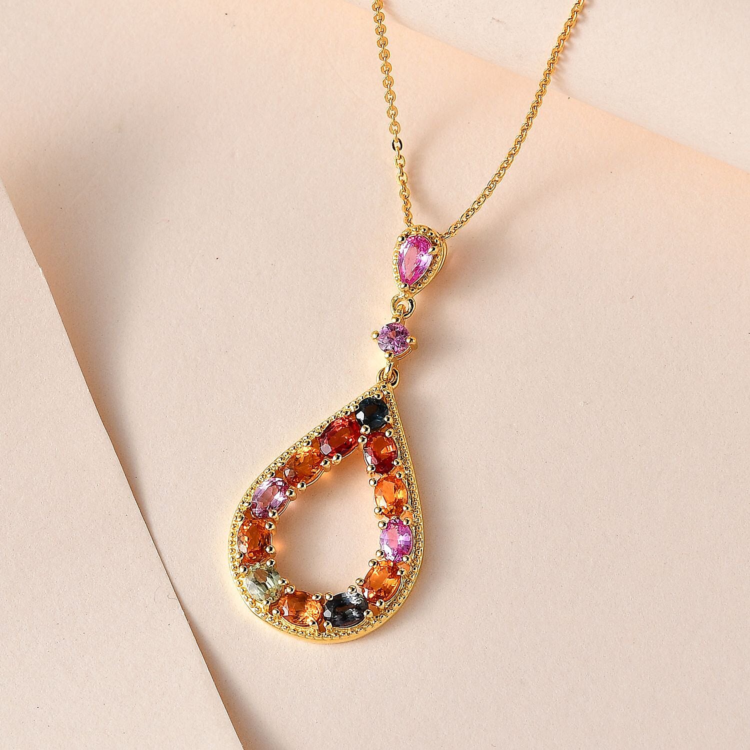 Multi Sapphire Pendant with Chain (Size 20) in 18K Yellow Gold Vermeil Plated Sterling Silver 3.10 Ct