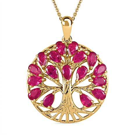 African Ruby Tree of Life Pendant with Chain (Size - 20) in 18K Yellow Gold Vermeil Plated Sterling Silver 5.44 Ct.