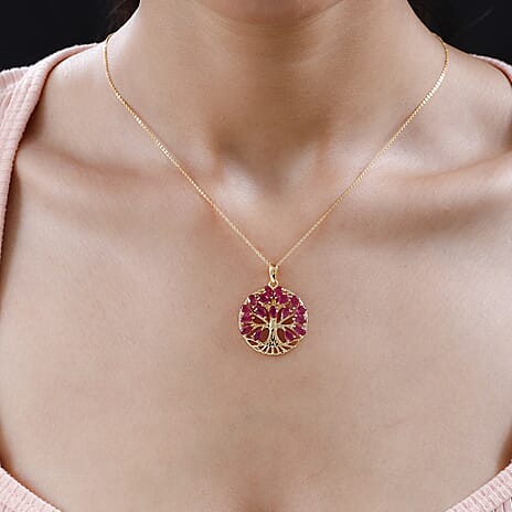 African Ruby Tree of Life Pendant with Chain (Size - 20) in 18K Yellow Gold Vermeil Plated Sterling Silver 5.44 Ct.