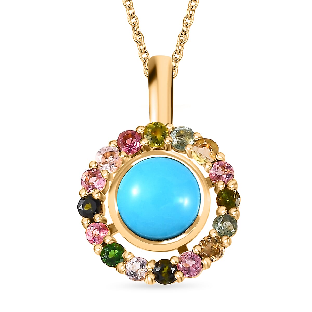 Arizona Sleeping Beauty Turquoise & Multi-Tourmaline Pendant with Chain (Size 20) in 18K Yellow Gold Vermeil Plated Sterling Silver 1.80 Ct.