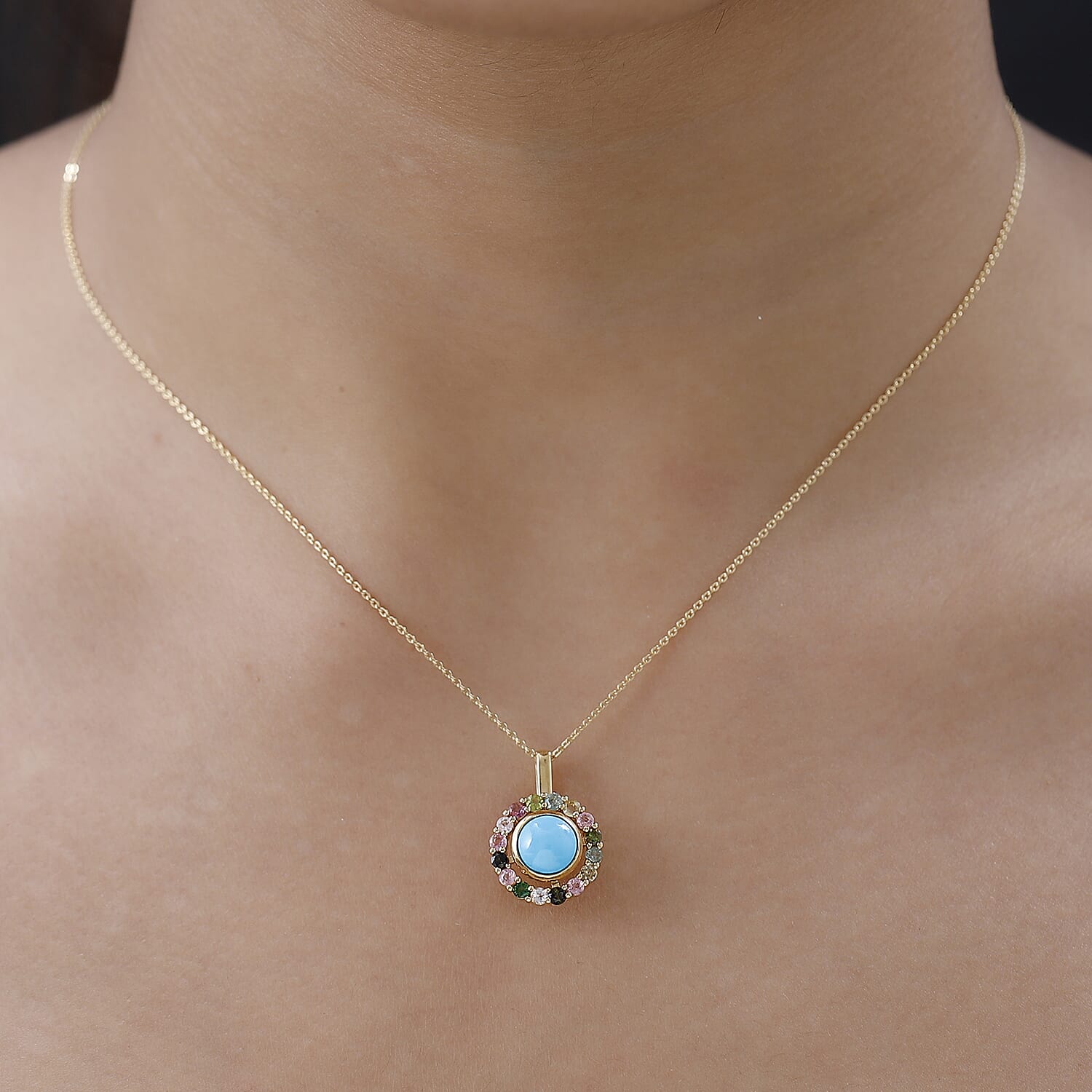 Arizona Sleeping Beauty Turquoise & Multi-Tourmaline Pendant with Chain (Size 20) in 18K Yellow Gold Vermeil Plated Sterling Silver 1.80 Ct.