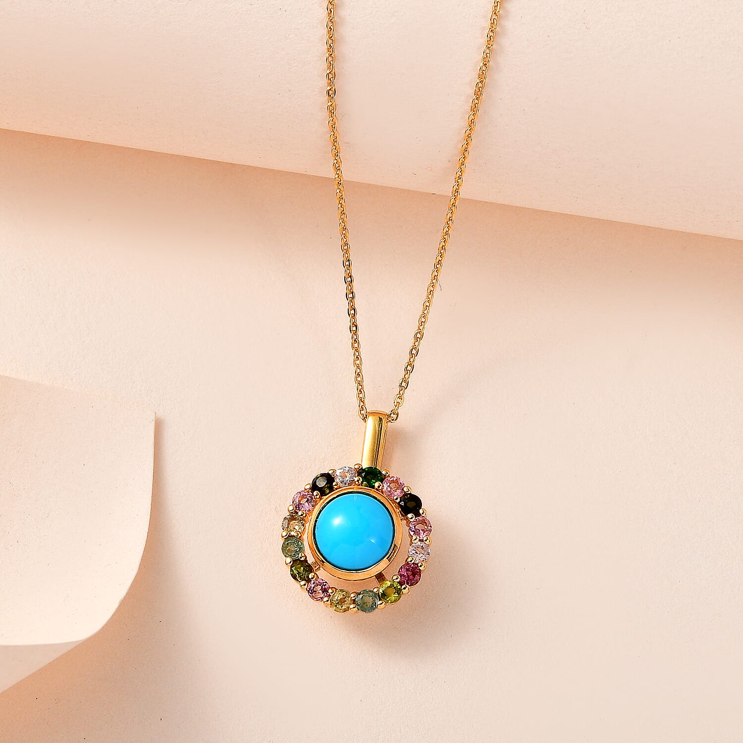 Arizona Sleeping Beauty Turquoise & Multi-Tourmaline Pendant with Chain (Size 20) in 18K Yellow Gold Vermeil Plated Sterling Silver 1.80 Ct.