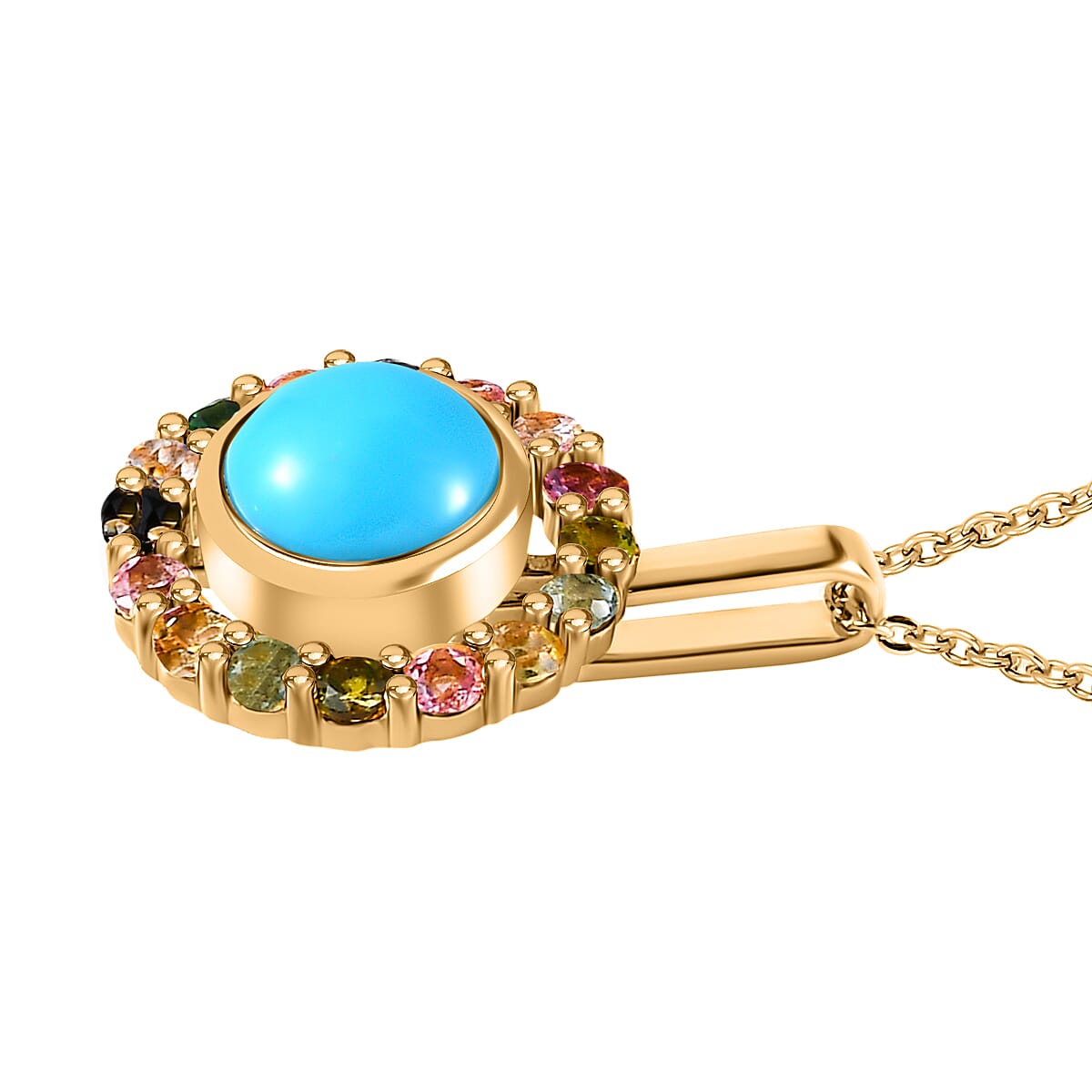 Arizona Sleeping Beauty Turquoise & Multi-Tourmaline Pendant with Chain (Size 20) in 18K Yellow Gold Vermeil Plated Sterling Silver 1.80 Ct.