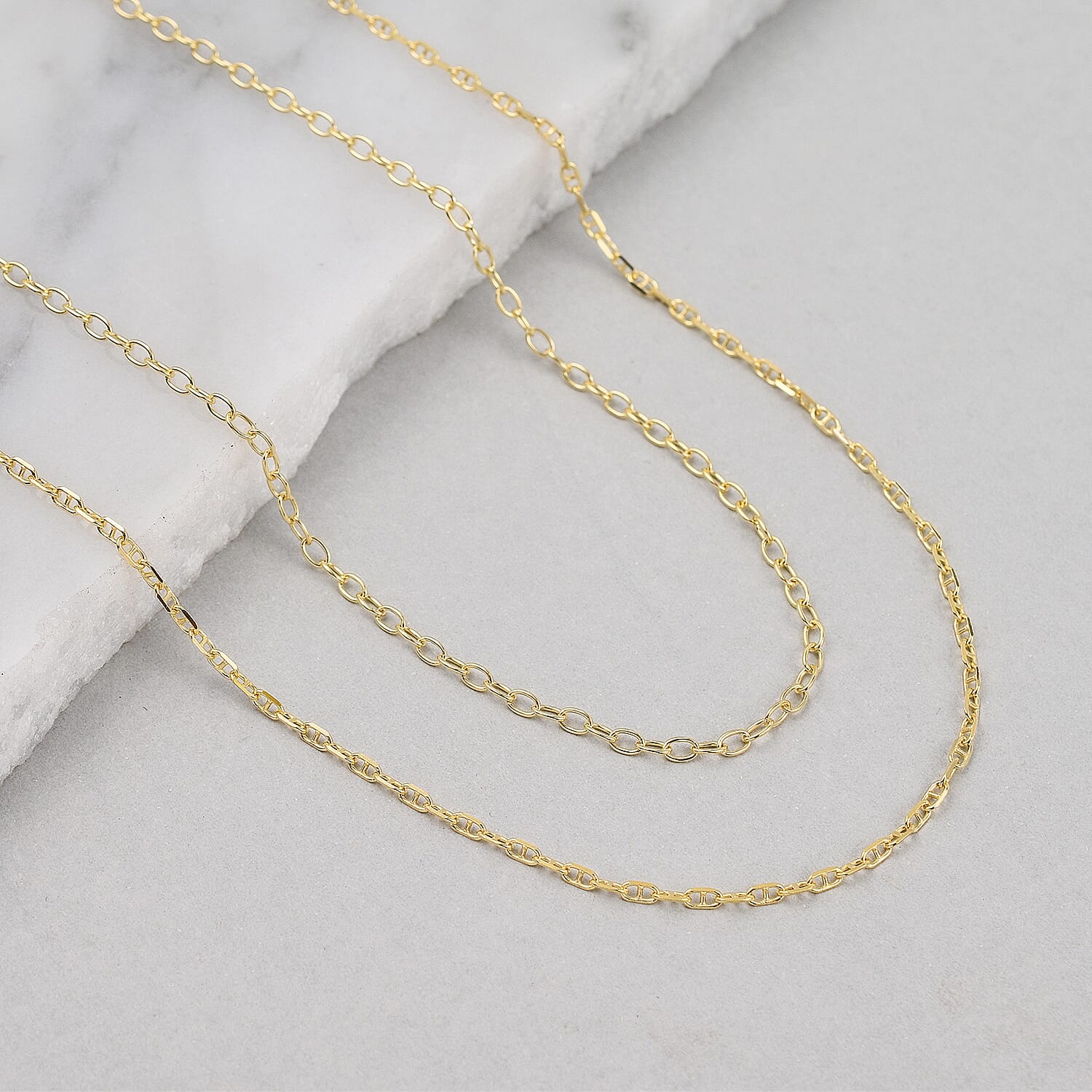 Set of 2 Sterling Silver Chains Rolo and Anchor (Size 18) - Yellow Gold Overlay