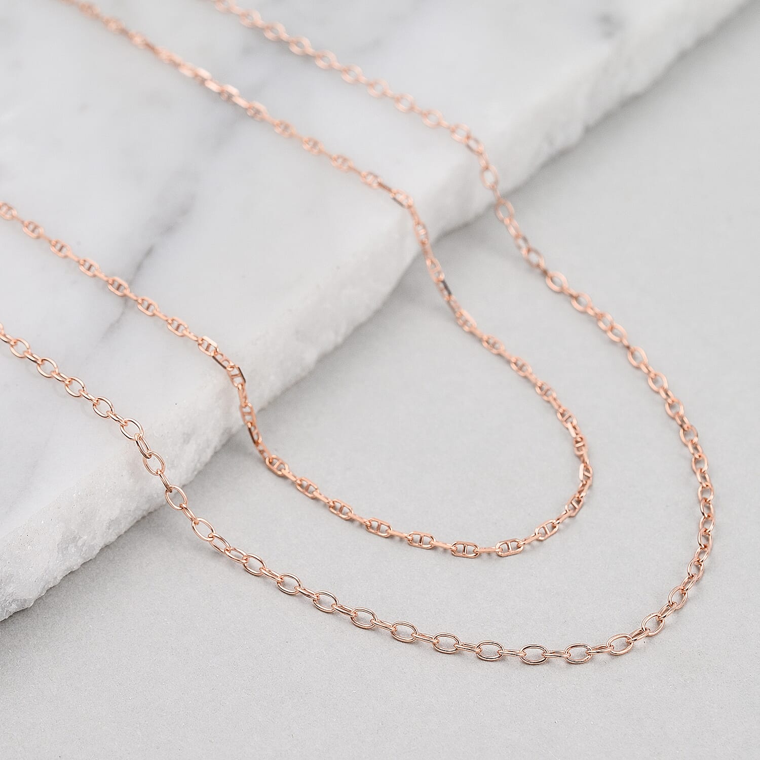 Set of 2 Sterling Silver Chains Rolo and Anchor (Size 18) - Rose Gold Overlay