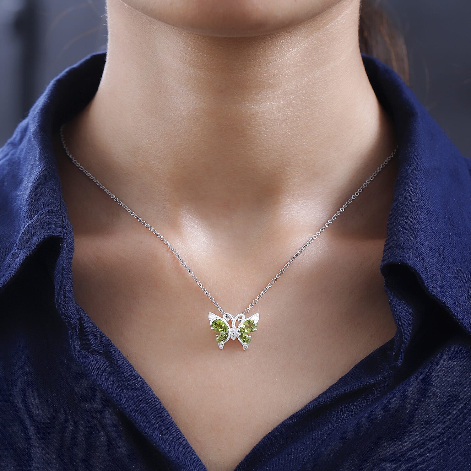 Hebei Peridot Sterling Silver Butterfly Pendant (Size 20) 1.80 Ct.