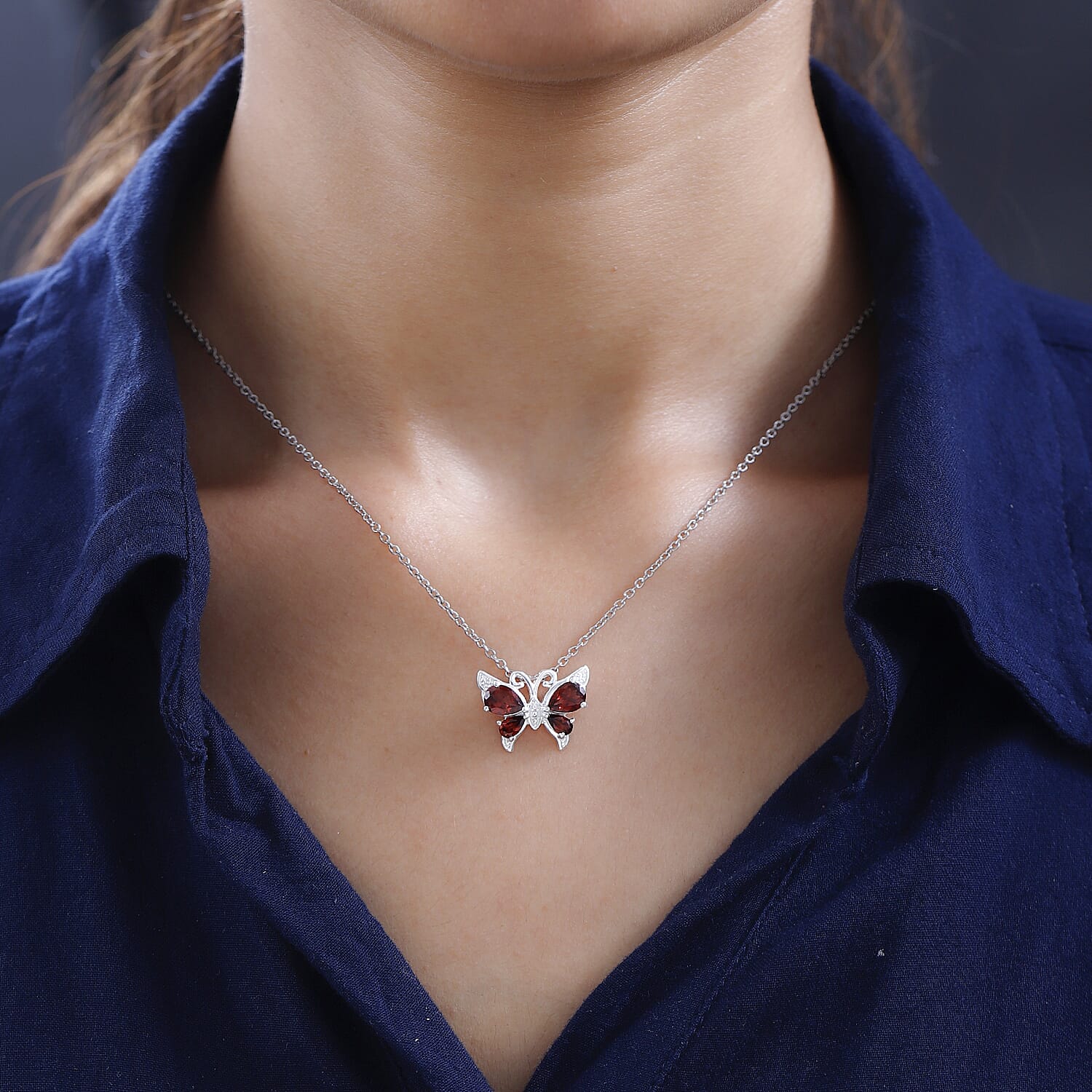 Red Garnet Sterling Silver Butterfly Pendant (Size 20) 2.06 Ct.