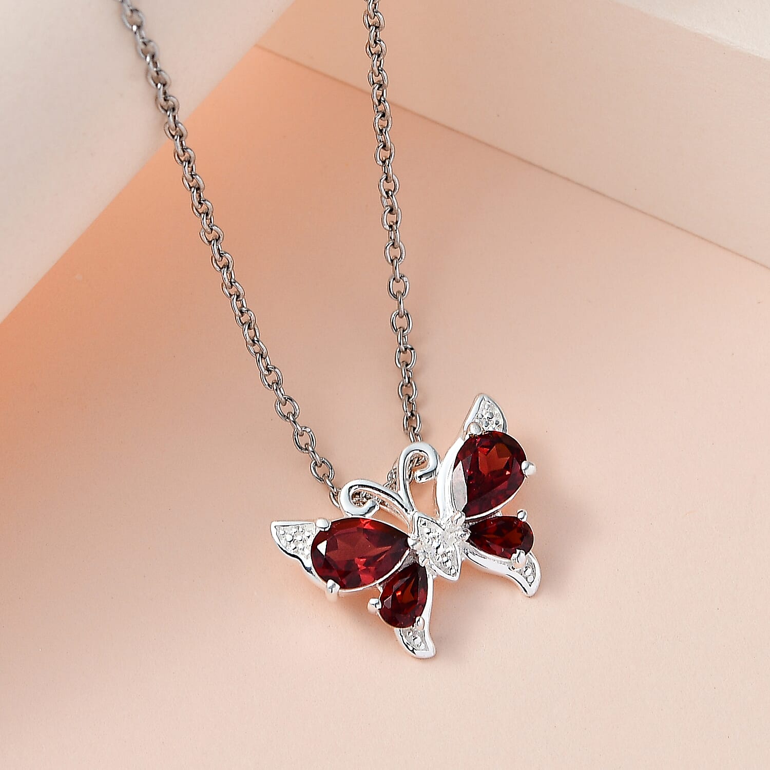 Red Garnet Sterling Silver Butterfly Pendant (Size 20) 2.06 Ct.