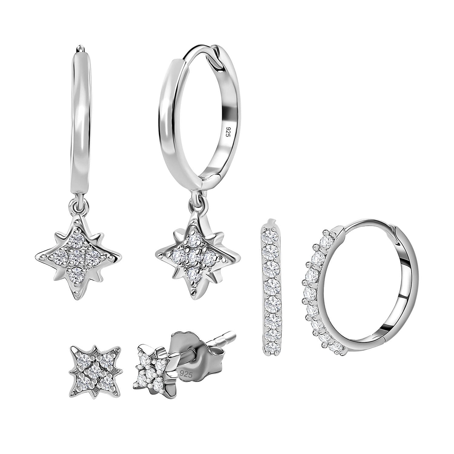 Set of 3 - Moissanite Dangling Earring in Platinum Overlay Sterling Silver 0.570 Ct.