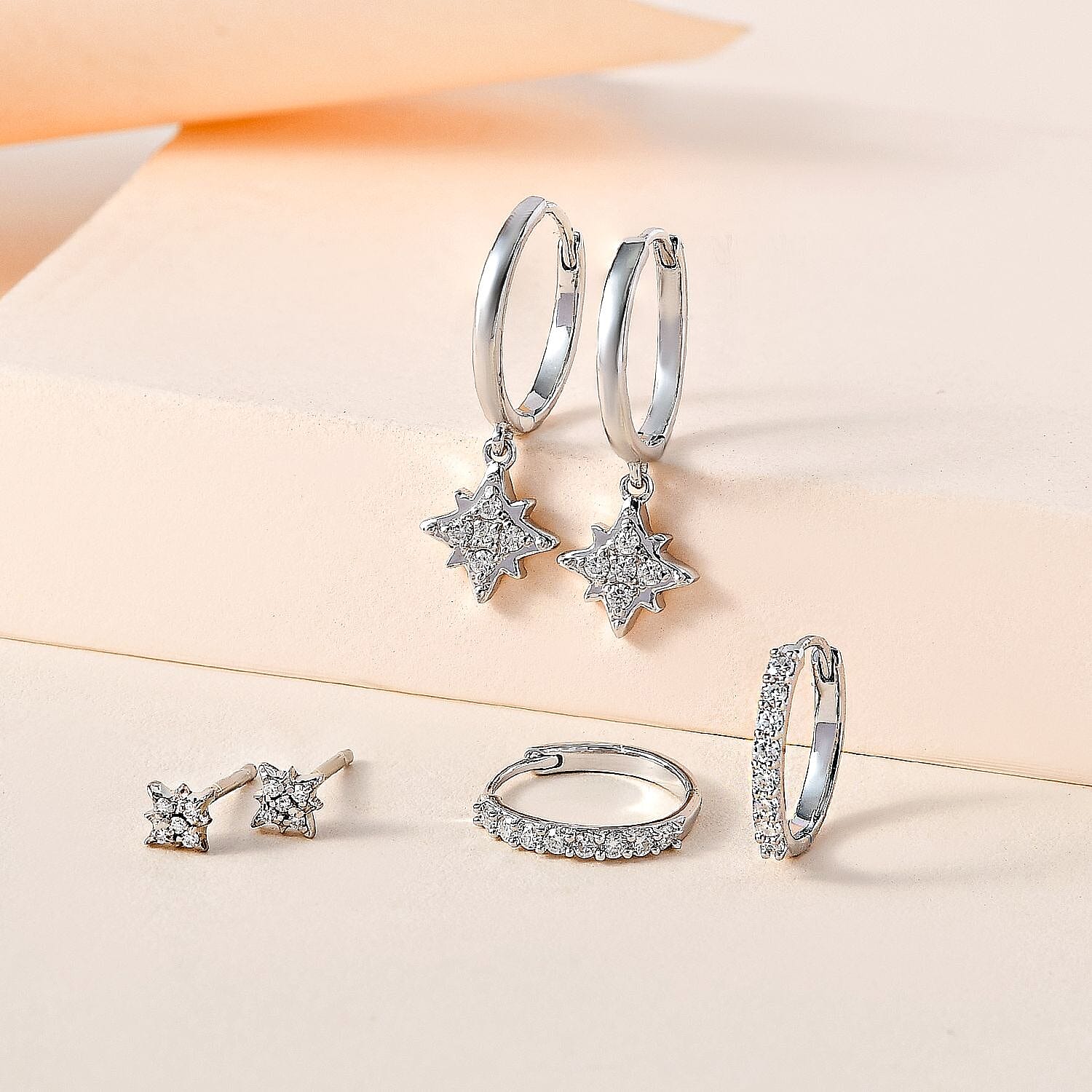 Set of 3 - Moissanite Dangling Earring in Platinum Overlay Sterling Silver 0.570 Ct.