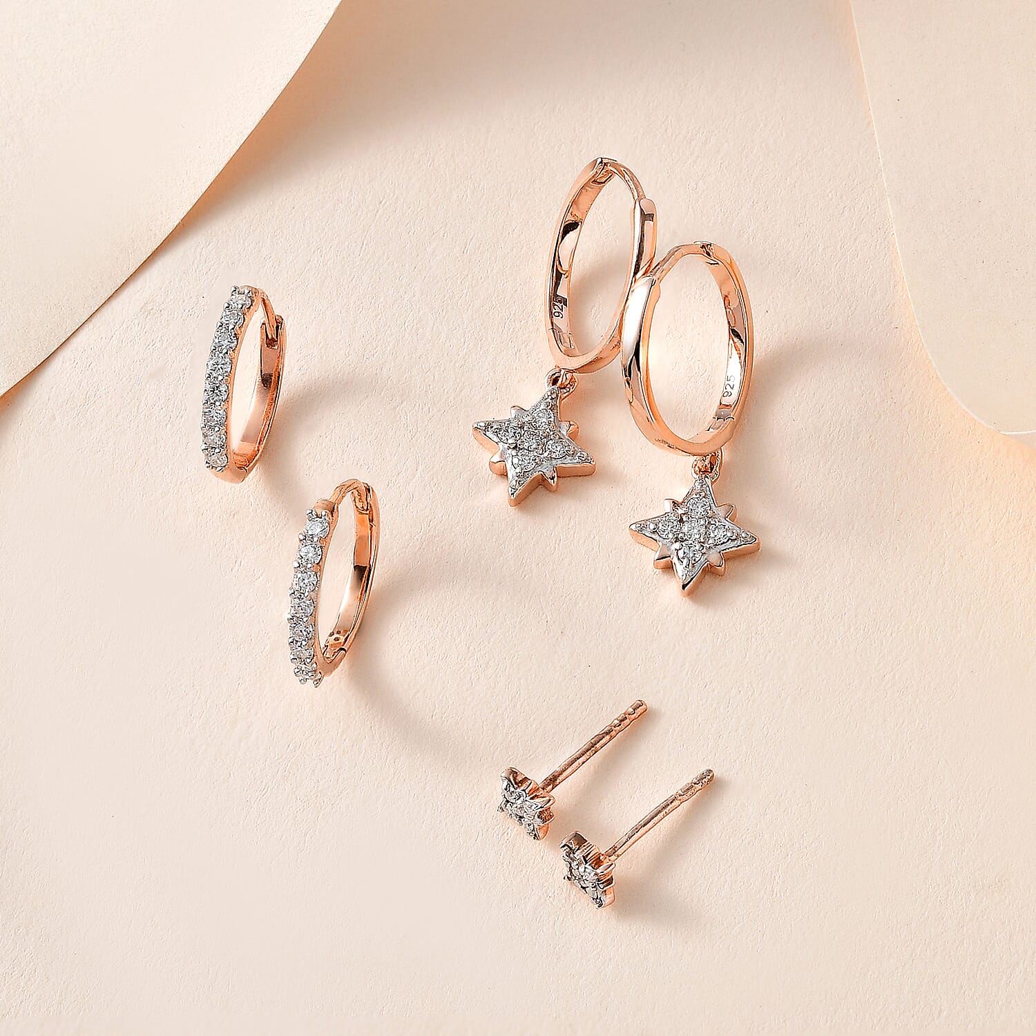 Set of 3 -  Moissanite Dangling Earring in Vermeil RG Sterling Silver  0.570  Ct.