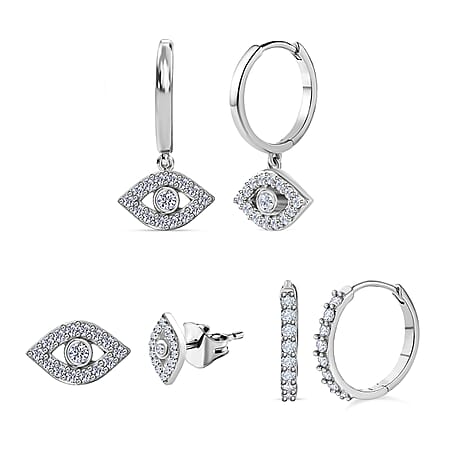 Set of 3 - Moissanite Solitaire Stud Push Post Earring in Platinum Overlay Sterling Silver 0.790 Ct