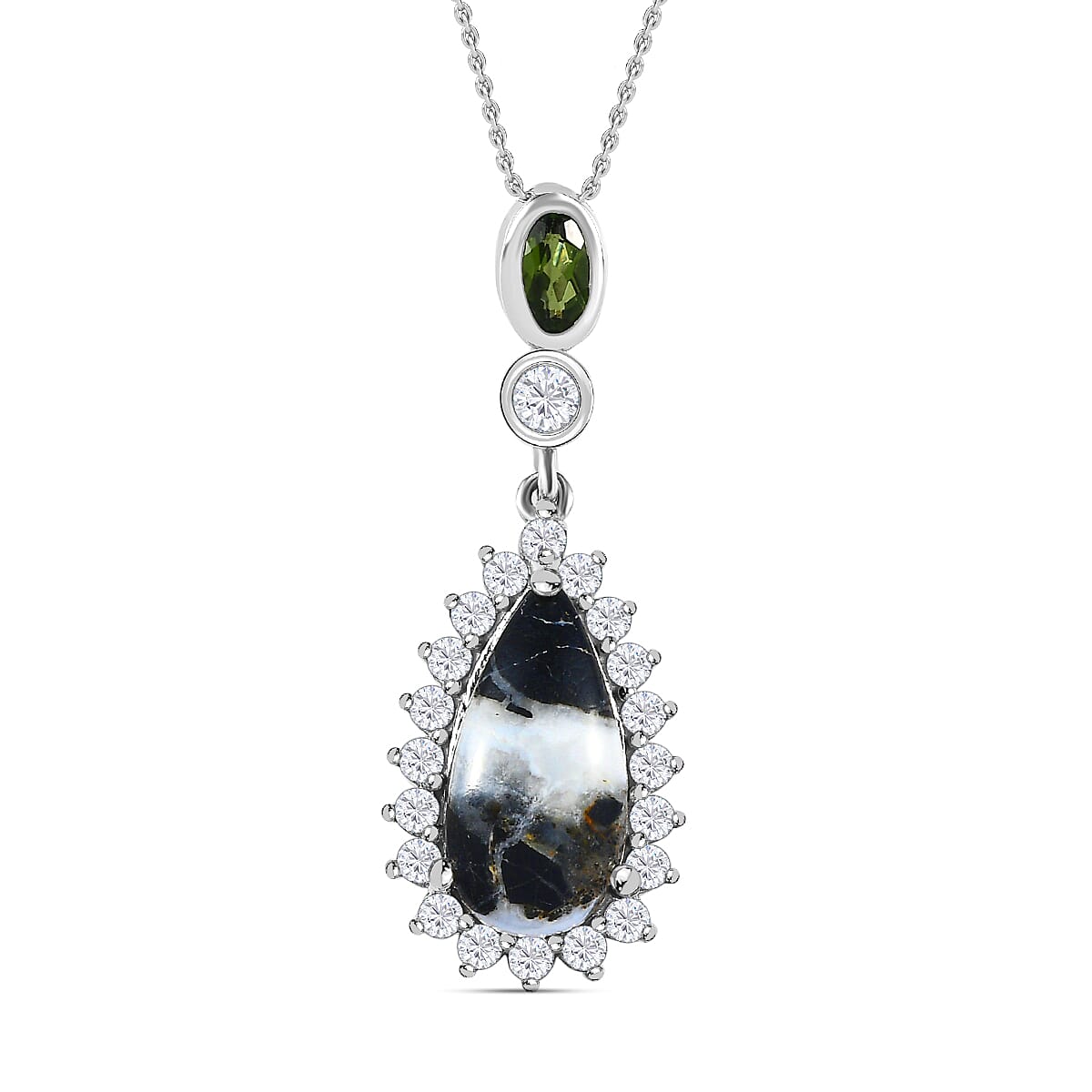 White Buffalo, Natural Zircon and Natural Chrome Diopside Pendant with Chain (Size 20) in Platinum Overlay Sterling Silver 4.10 Ct