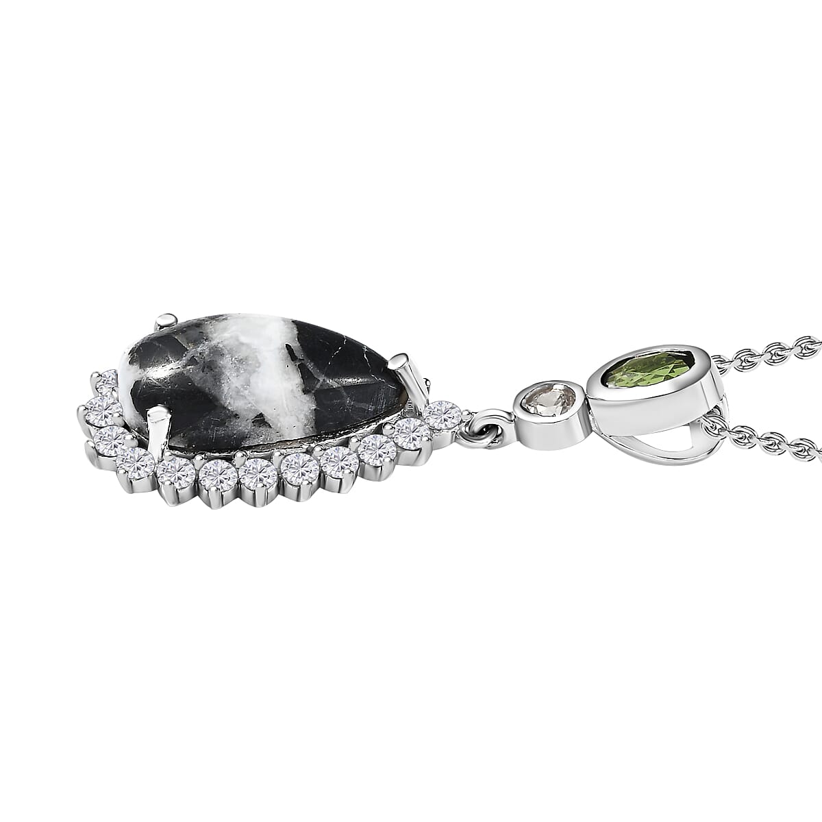 White Buffalo, Natural Zircon and Natural Chrome Diopside Pendant with Chain (Size 20) in Platinum Overlay Sterling Silver 4.10 Ct