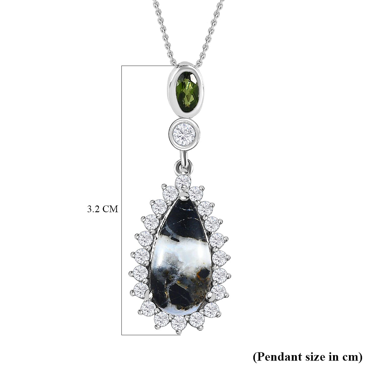 White Buffalo, Natural Zircon and Natural Chrome Diopside Pendant with Chain (Size 20) in Platinum Overlay Sterling Silver 4.10 Ct