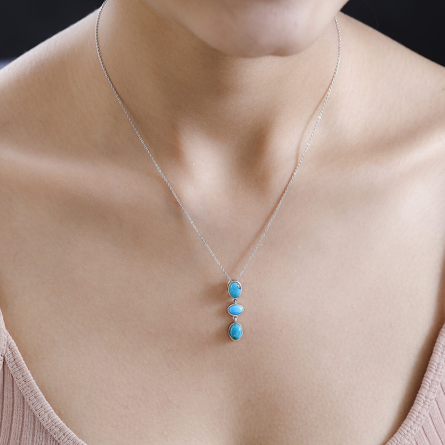 Sierra Nevada Turquoise and Arizona Sleeping Beauty Turquoise Pendant with Chain (Size 20) in Platinum Overlay Sterling Silver 2.34 Ct.