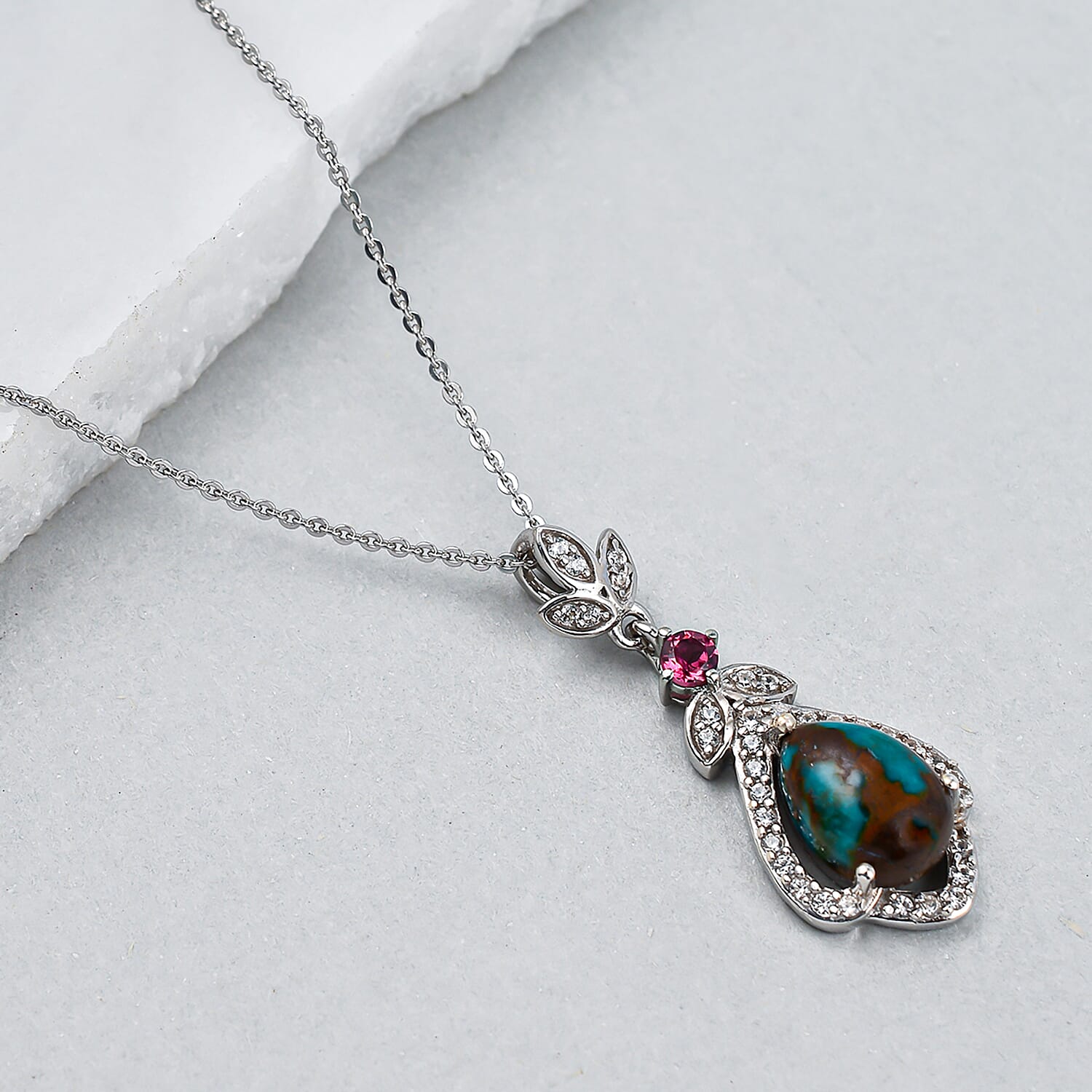 Sierra Nevada Turquoise, Natural Zircon and Rhodolite Garnet Pendant with Chain (Size 20) in Platinum Overlay Sterling Silver 2.70 Ct, Silver Wt. 4.76 Gms