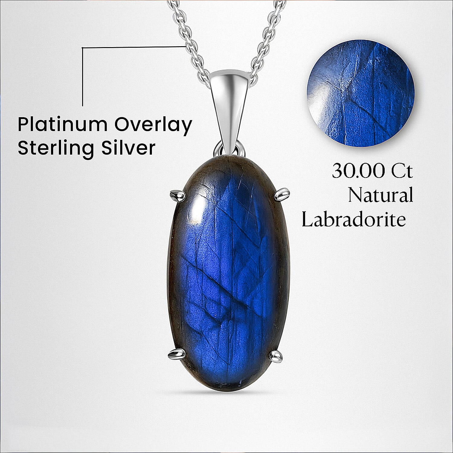 Labradorite Sterling Silver Pendant With Stainless Steel Chain (Size 20) 30.00 Ct