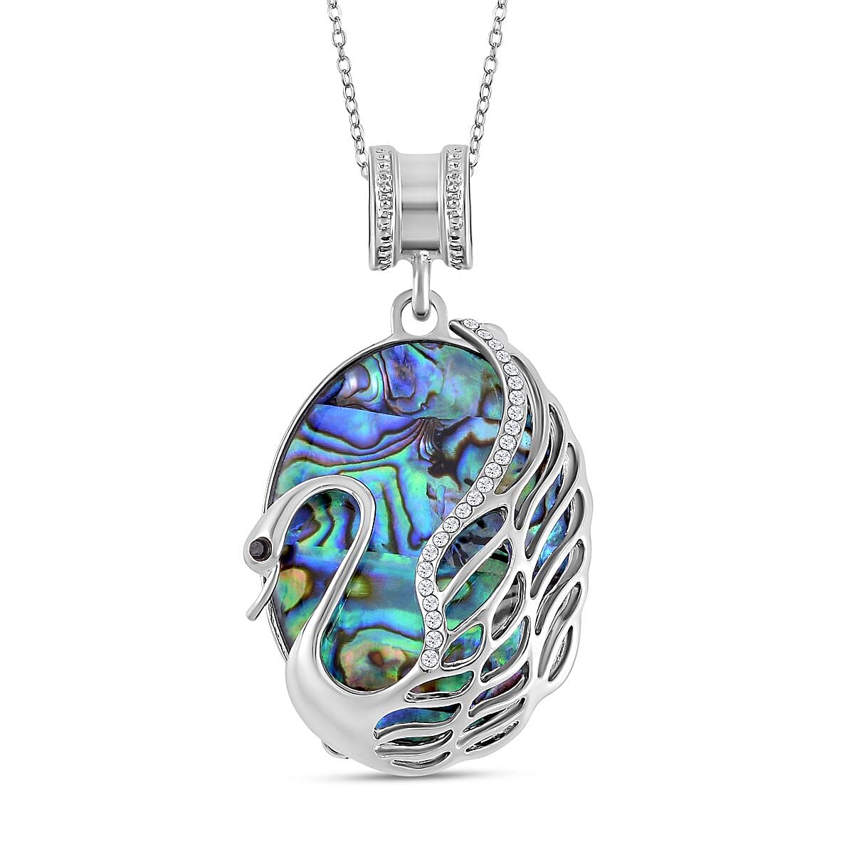 Abalone Shell, White Austrian Crystal & Black Austrian Crystal Pendant with Chain (Size 20) in Silver Tone
