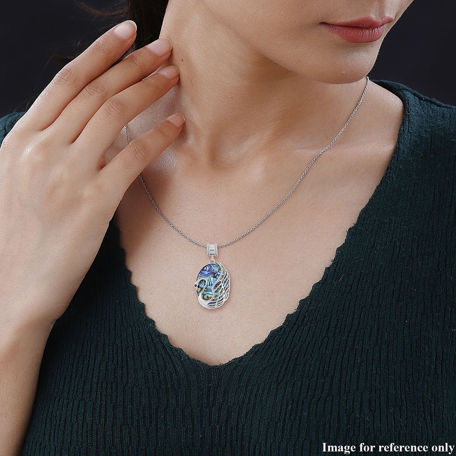 Abalone Shell, White Austrian Crystal & Black Austrian Crystal Pendant with Chain (Size 20) in Silver Tone