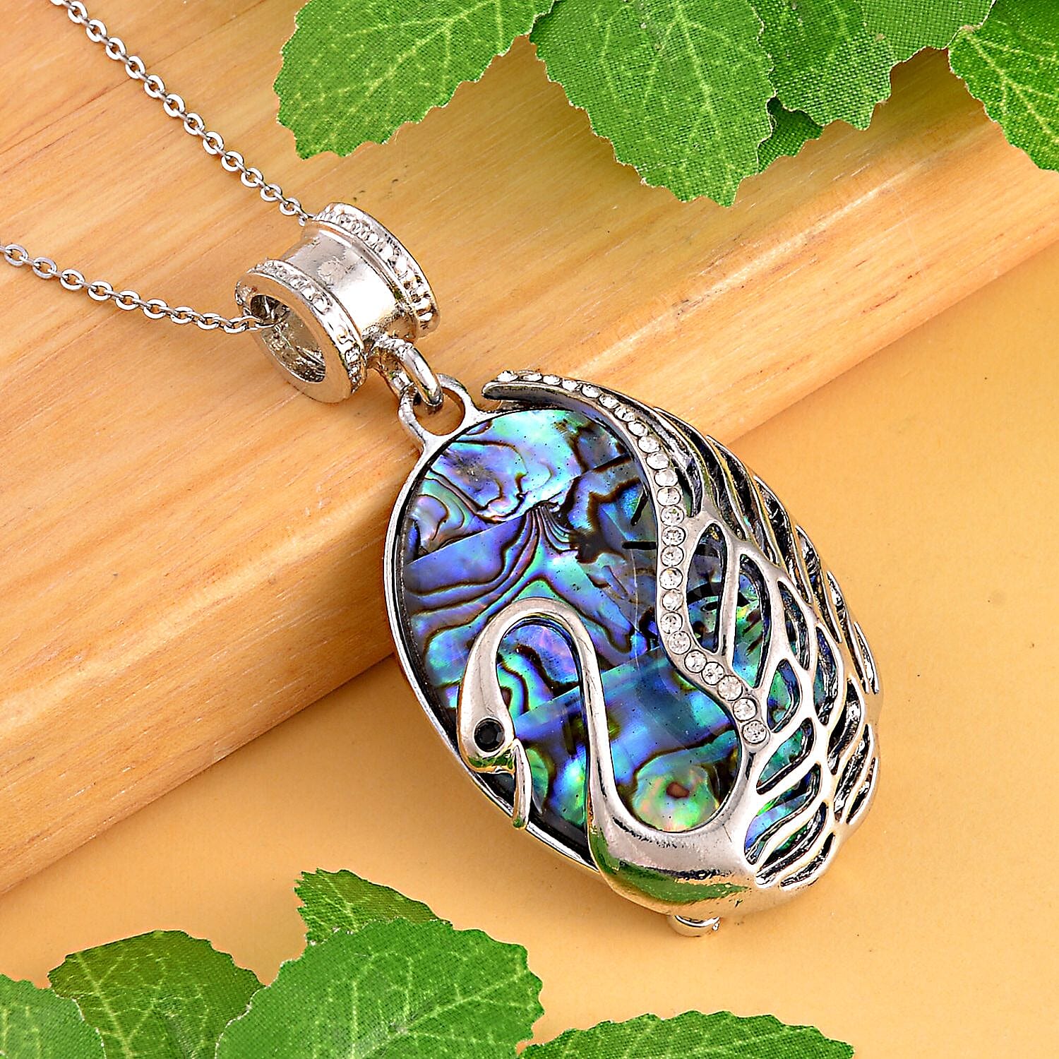 Abalone Shell, White Austrian Crystal & Black Austrian Crystal Pendant with Chain (Size 20) in Silver Tone
