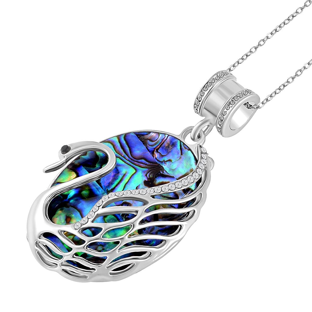 Abalone Shell, White Austrian Crystal & Black Austrian Crystal Pendant with Chain (Size 20) in Silver Tone