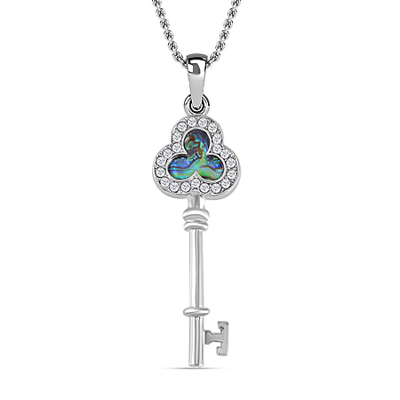 Abalone Shell & White Austrian Crystal Key Pendant with Chain (Size 20) in Silver Tone