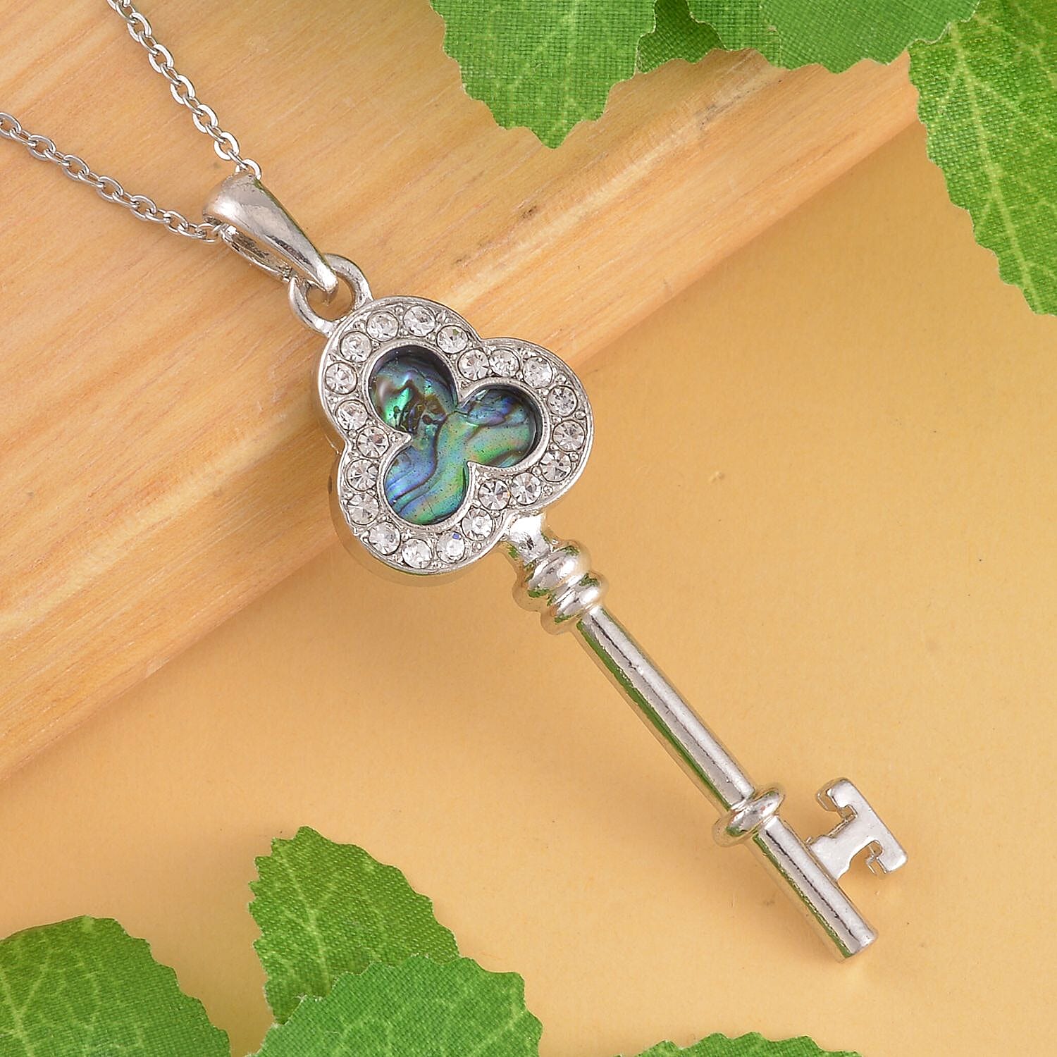 Abalone Shell & White Austrian Crystal Key Pendant with Chain (Size 20) in Silver Tone