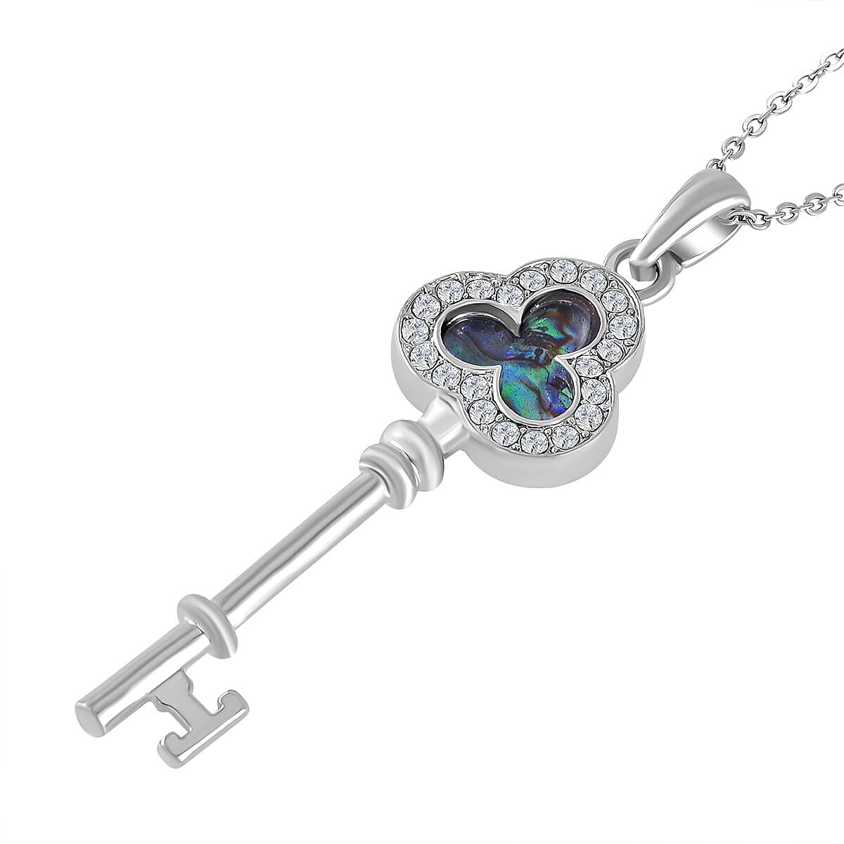 Abalone Shell & White Austrian Crystal Key Pendant with Chain (Size 20) in Silver Tone