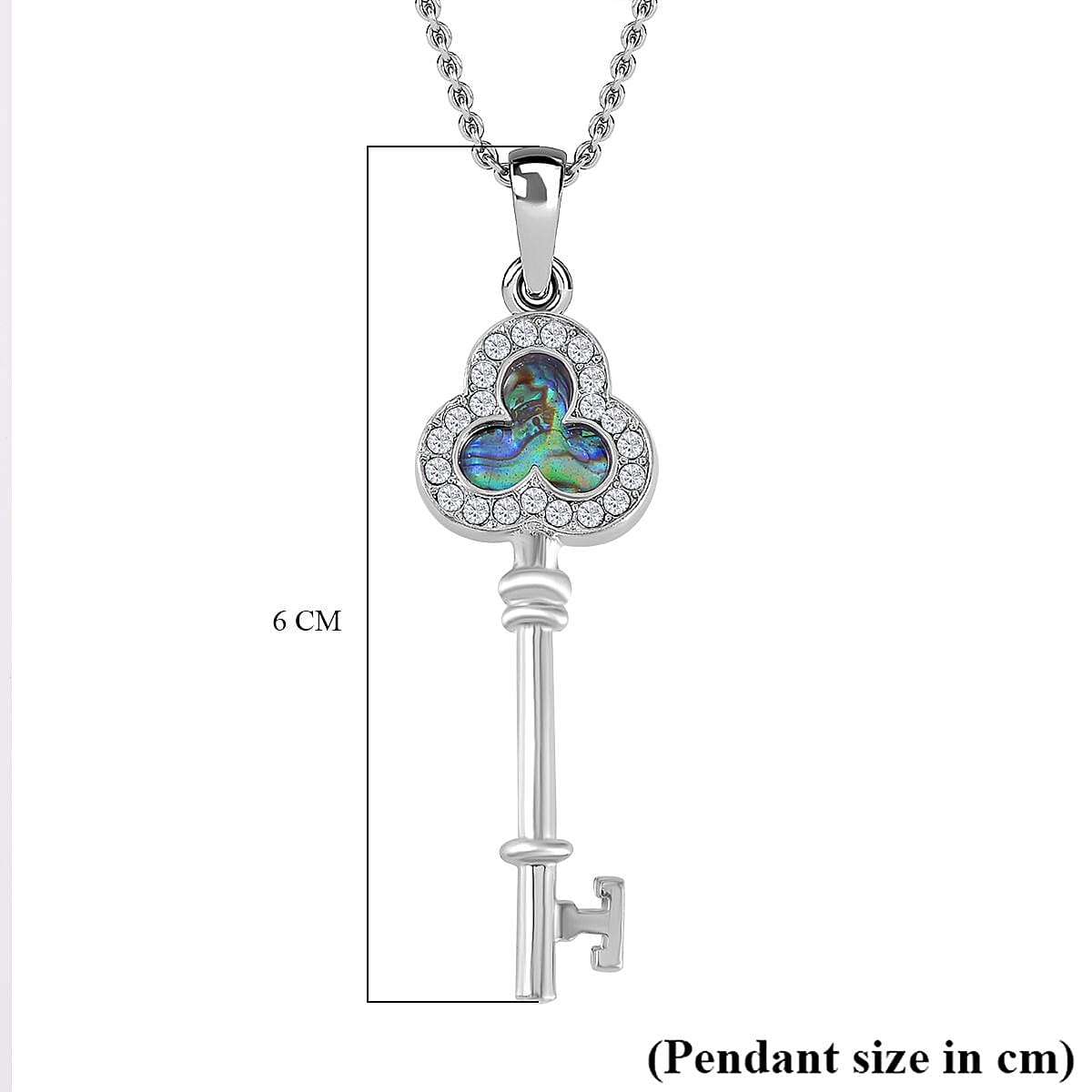 Abalone Shell & White Austrian Crystal Key Pendant with Chain (Size 20) in Silver Tone