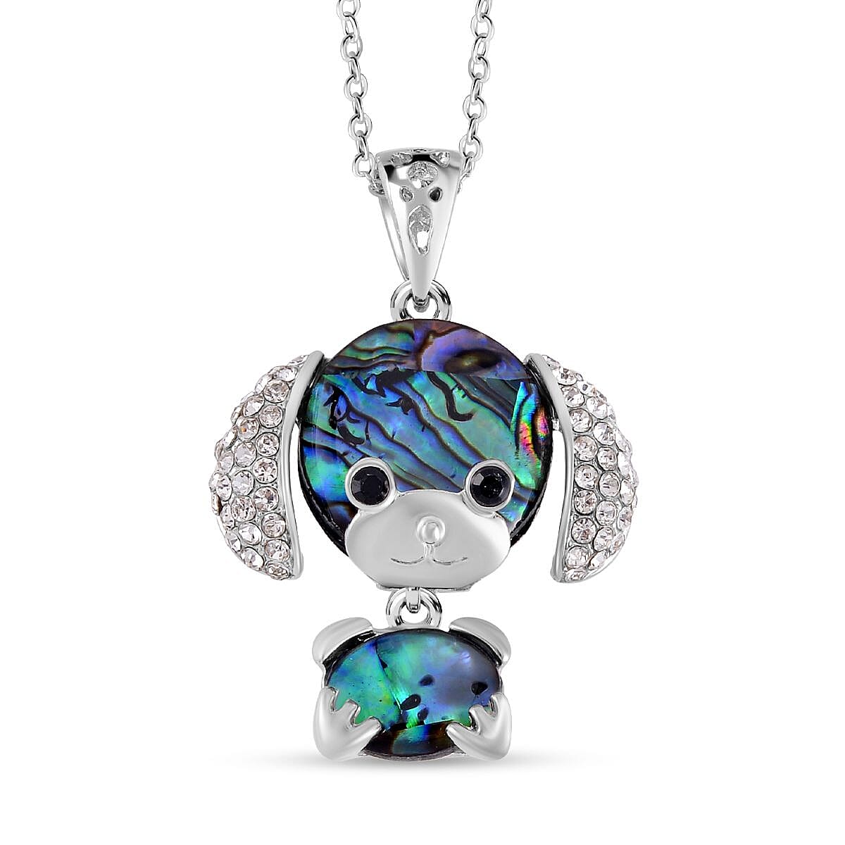 Abalone Shell, White Austrian Crystal & Black Austrian Crystal Mouse Motif Pendant with Stainless Steel Chain (Size 20) in Silver Tone