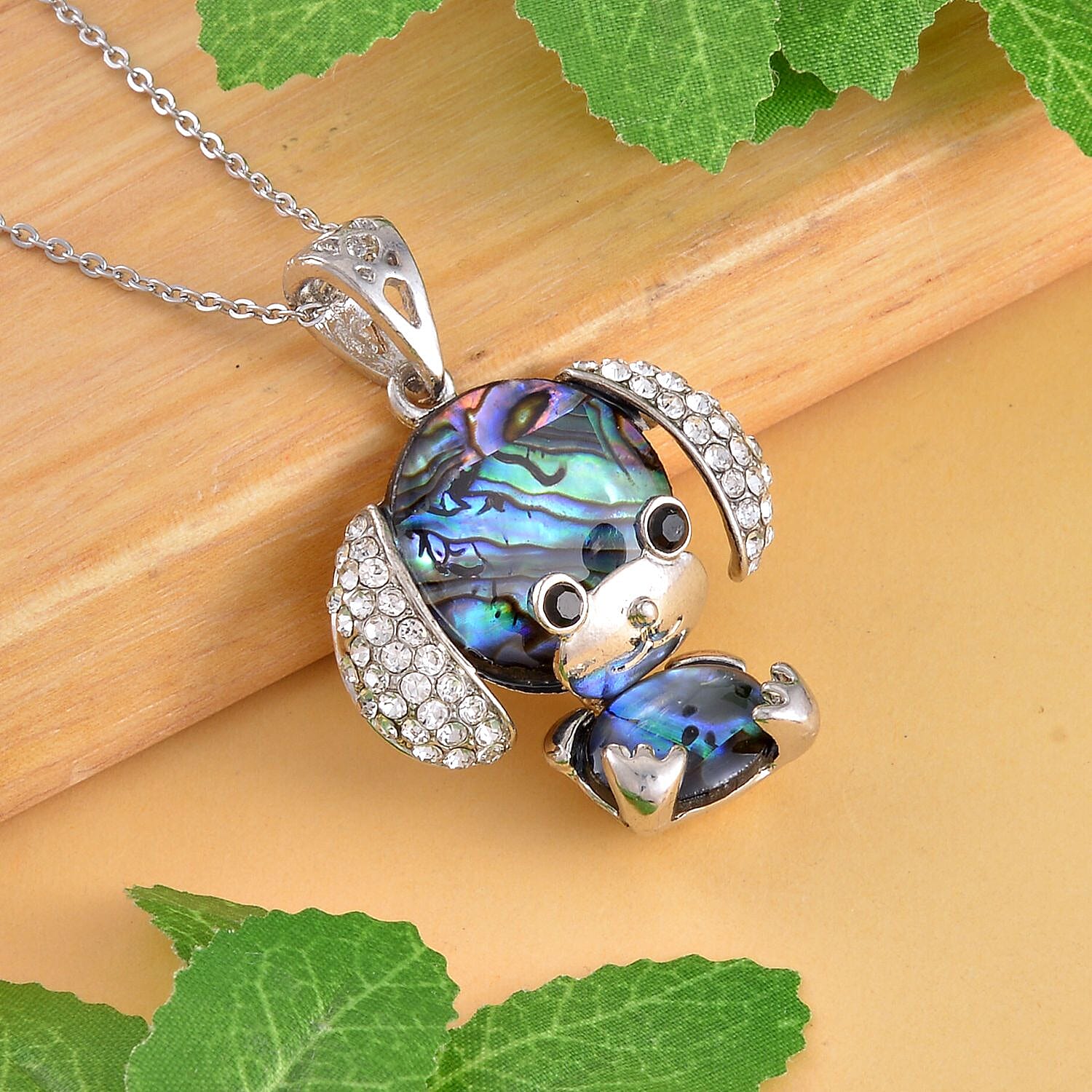 Abalone Shell, White Austrian Crystal & Black Austrian Crystal Mouse Motif Pendant with Stainless Steel Chain (Size 20) in Silver Tone
