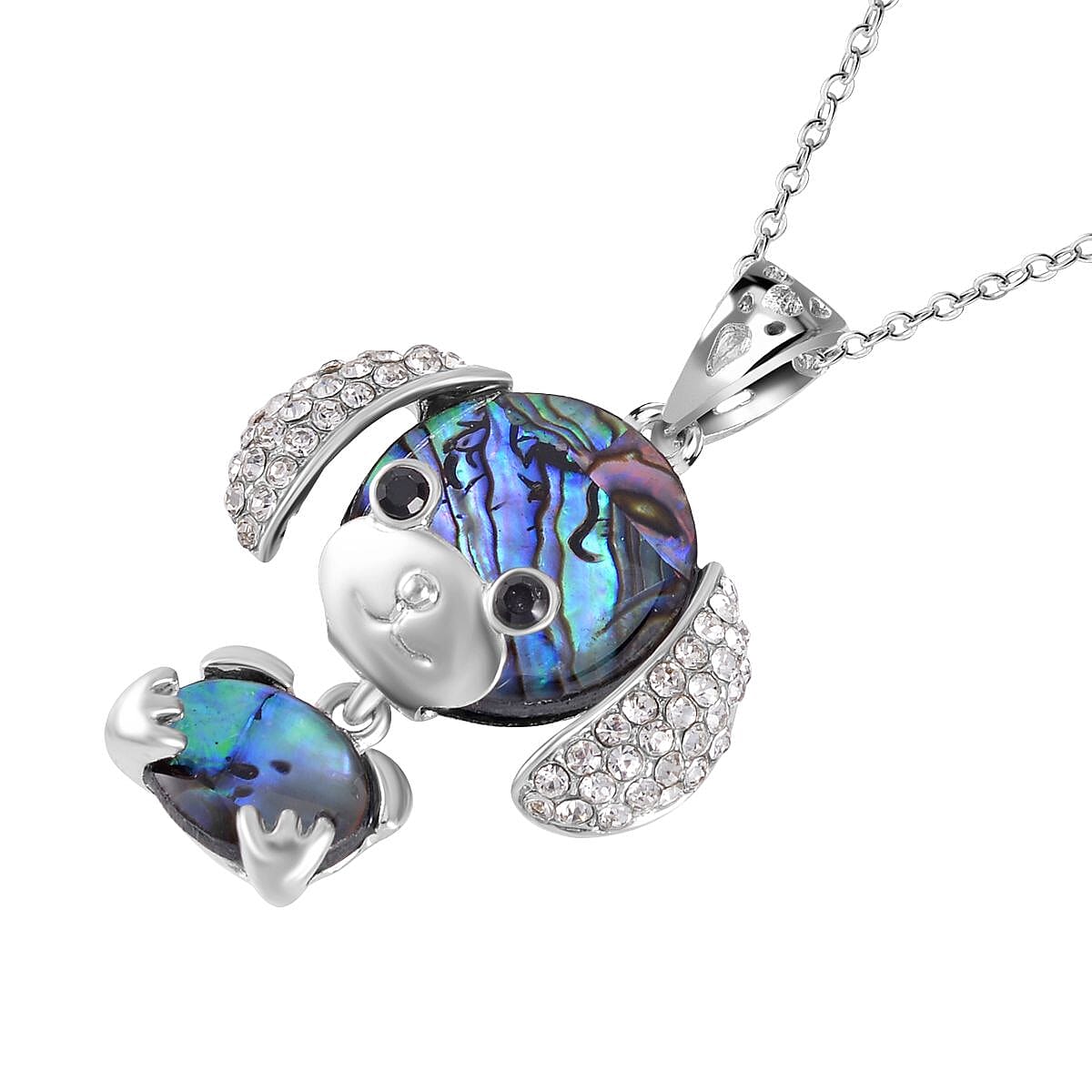 Abalone Shell, White Austrian Crystal & Black Austrian Crystal Mouse Motif Pendant with Stainless Steel Chain (Size 20) in Silver Tone