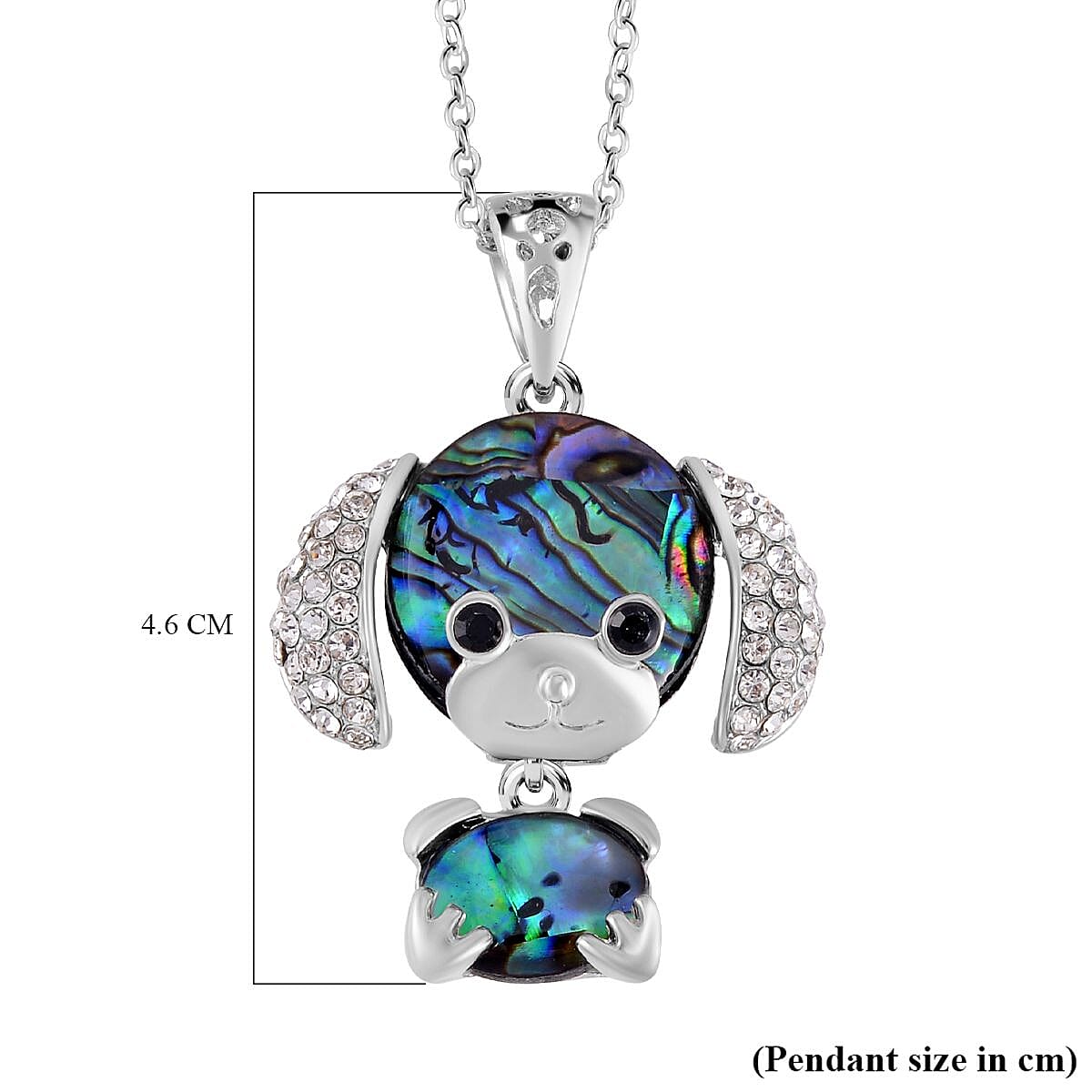 Abalone Shell, White Austrian Crystal & Black Austrian Crystal Mouse Motif Pendant with Stainless Steel Chain (Size 20) in Silver Tone