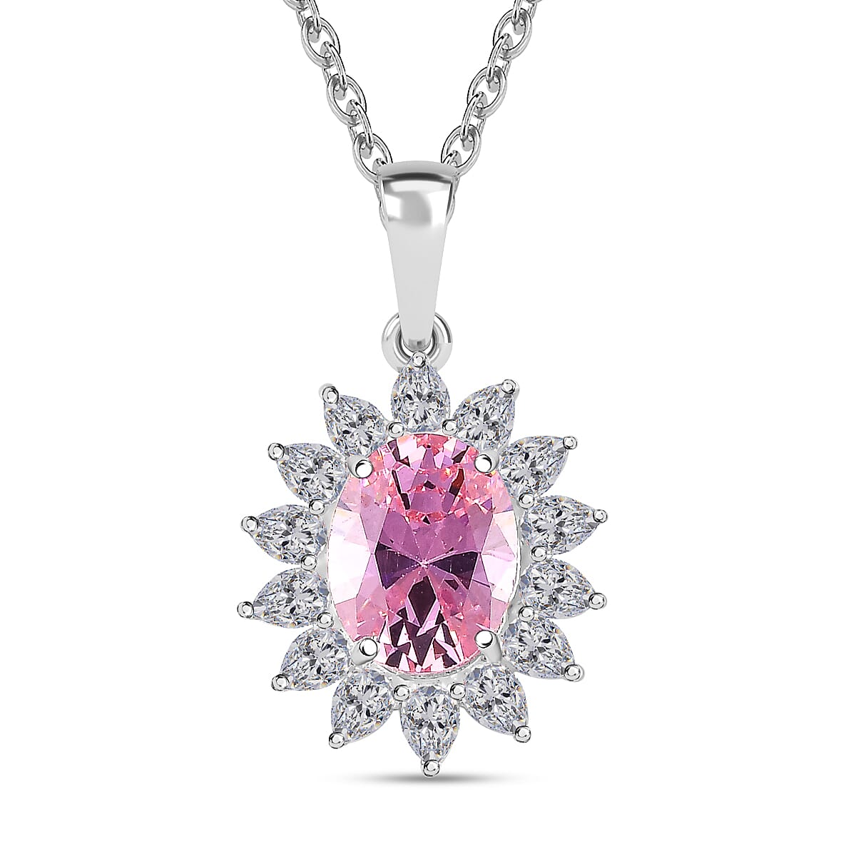 NY Closeout - Cubic Zirconia Pink Sapphire and Simulated Diamond Sterling Silver Pendant with Stainless Steel Chain (Size 20)