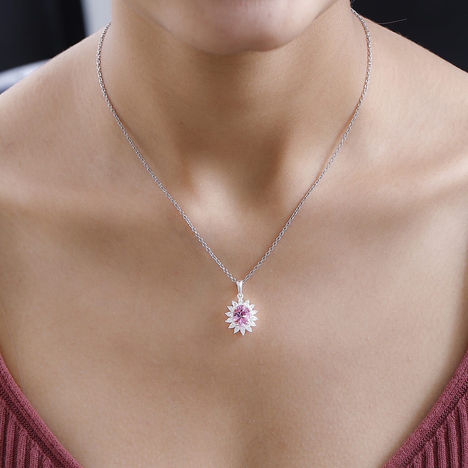 NY Closeout - Cubic Zirconia Pink Sapphire and Simulated Diamond Sterling Silver Pendant with Stainless Steel Chain (Size 20)