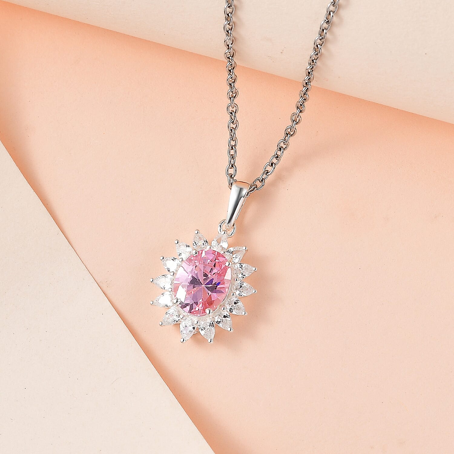 NY Closeout - Cubic Zirconia Pink Sapphire and Simulated Diamond Sterling Silver Pendant with Stainless Steel Chain (Size 20)