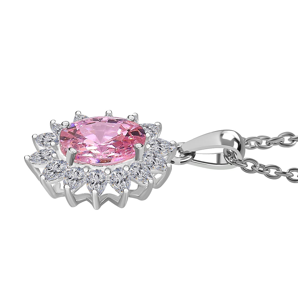 NY Closeout - Cubic Zirconia Pink Sapphire and Simulated Diamond Sterling Silver Pendant with Stainless Steel Chain (Size 20)