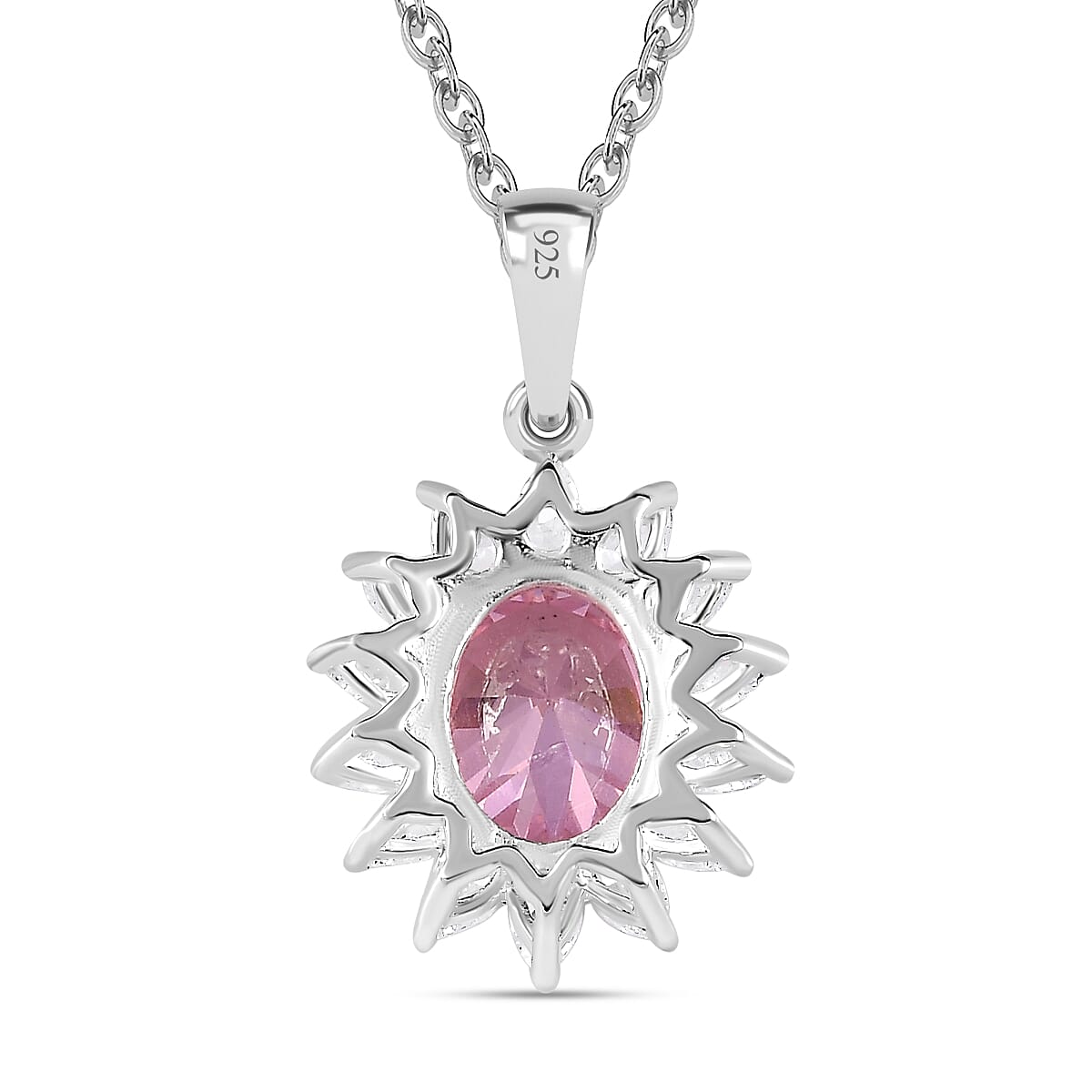 NY Closeout - Cubic Zirconia Pink Sapphire and Simulated Diamond Sterling Silver Pendant with Stainless Steel Chain (Size 20)