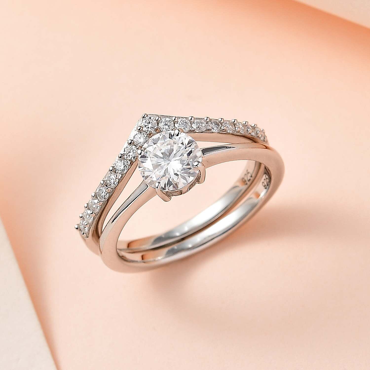 Set of 2 Moissanite Ring in Platinum Overlay Sterling Silver 1.08 Ct.