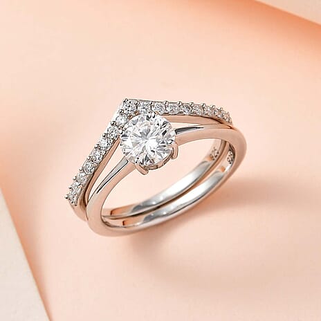 Set of 2 Moissanite Ring in Platinum Overlay Sterling Silver 1.08 Ct.