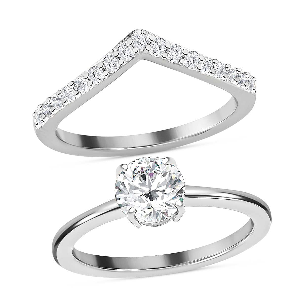 Set of 2 Moissanite Ring in Platinum Overlay Sterling Silver 1.08 Ct.