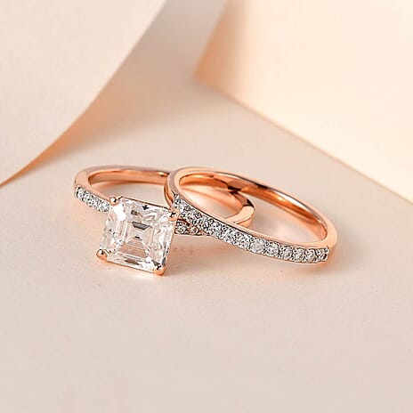 Set of 2 Moissanite Ring in 18K Vermeil Rose Gold Plated Sterling Silver 1.93 Ct.