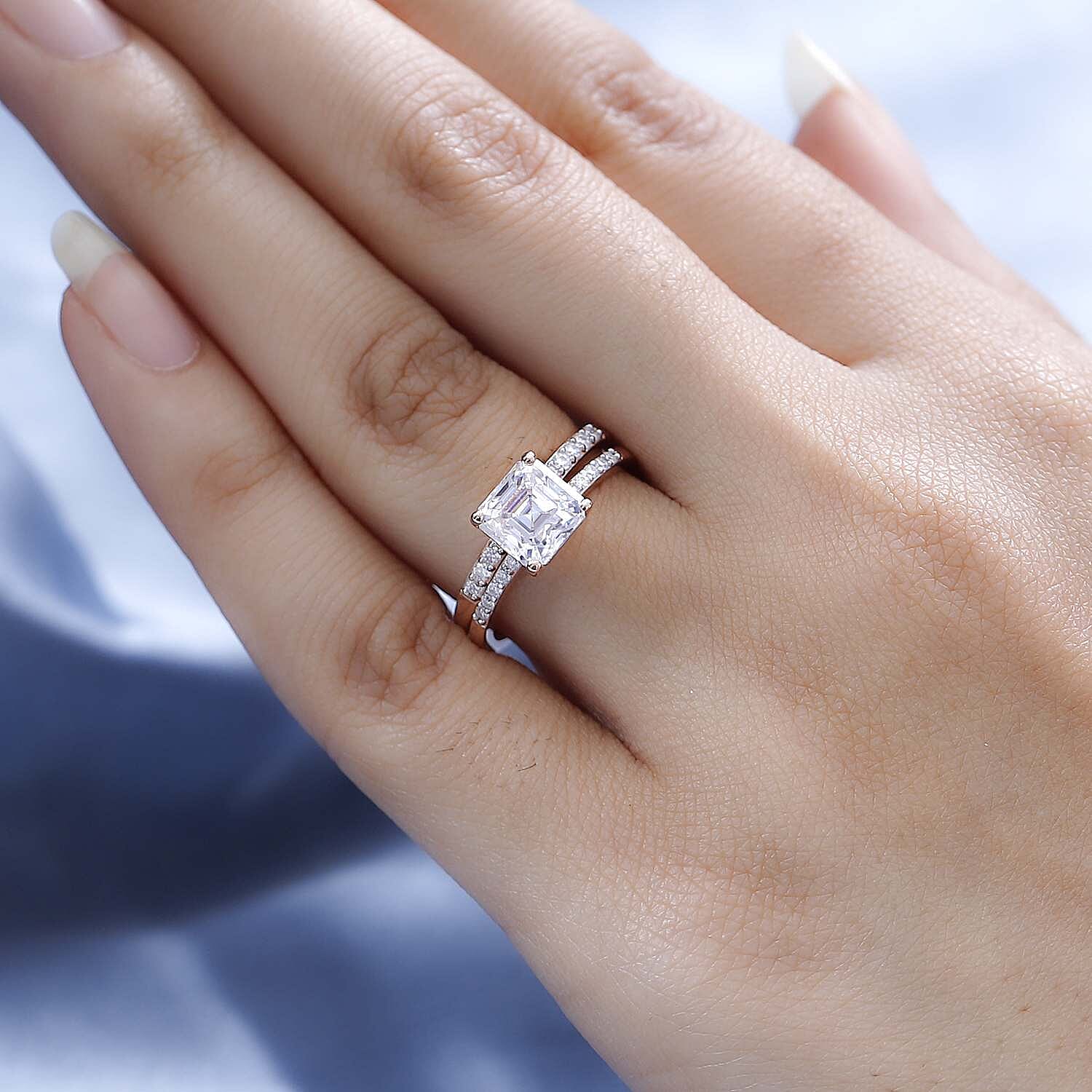 Set of 2 Moissanite Ring in 18K Vermeil Rose Gold Plated Sterling Silver 1.93 Ct.