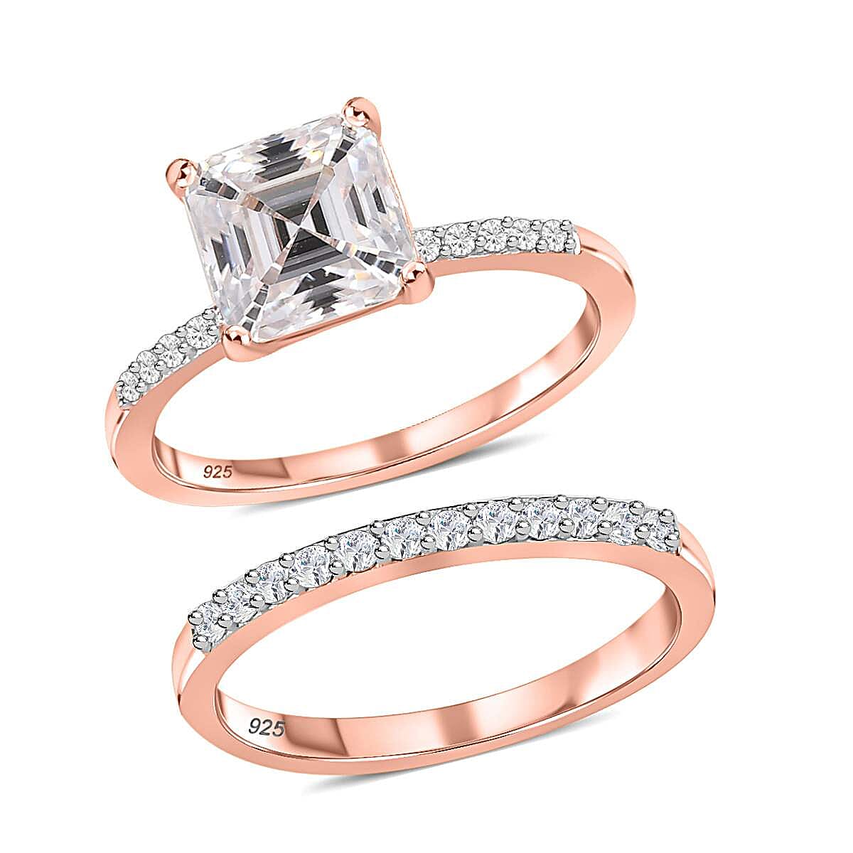 Set of 2 Moissanite Ring in 18K Vermeil Rose Gold Plated Sterling Silver 1.93 Ct.