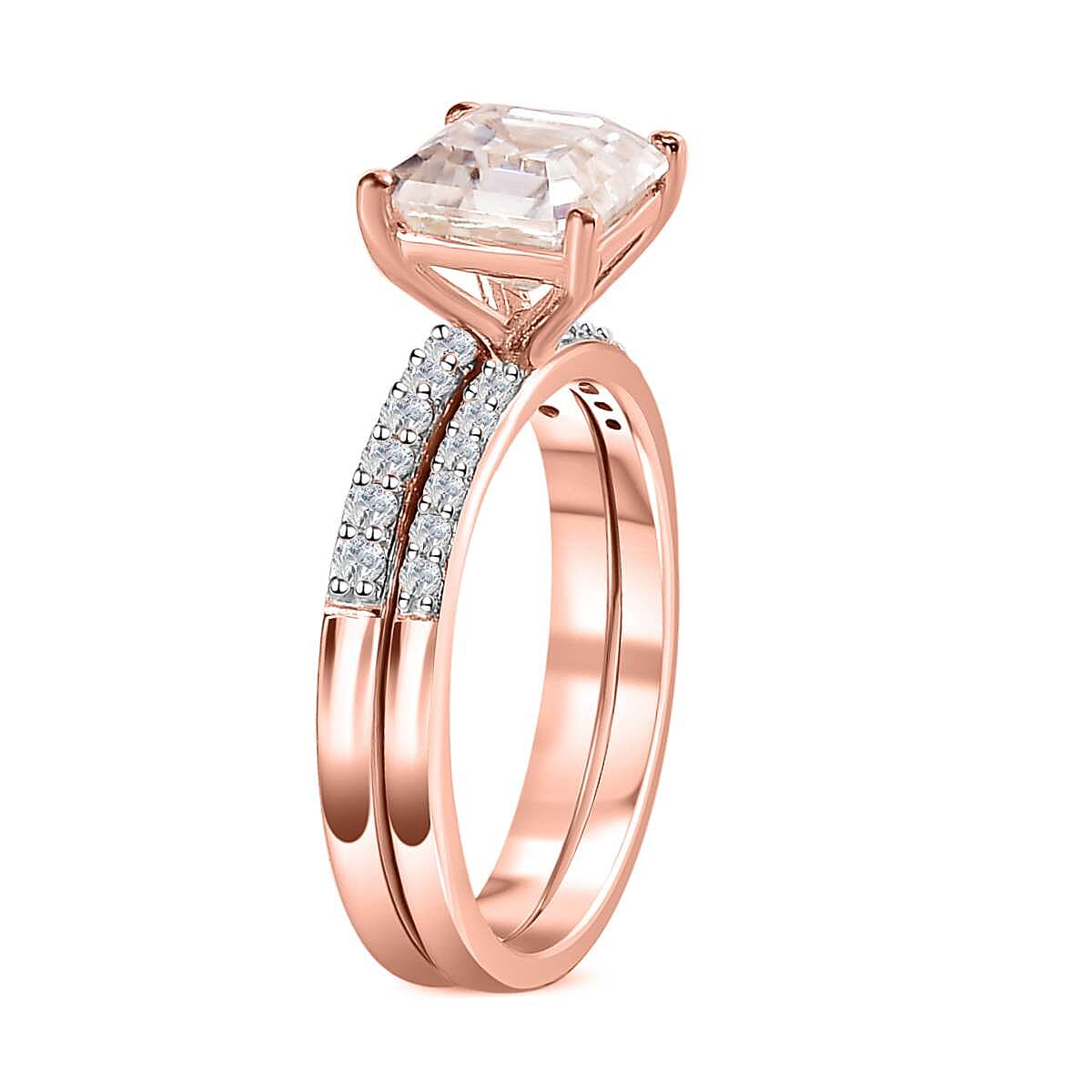 Set of 2 Moissanite Ring in 18K Vermeil Rose Gold Plated Sterling Silver 1.93 Ct.