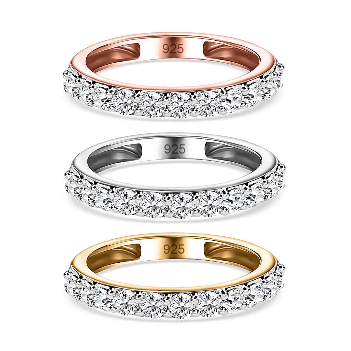 Set of 3 Moissanite Half Eternity Ring in Platinum, YG and RG Vermeil Plated Sterling Silver 2.01 Ct, Silver Wt 5.61 GM