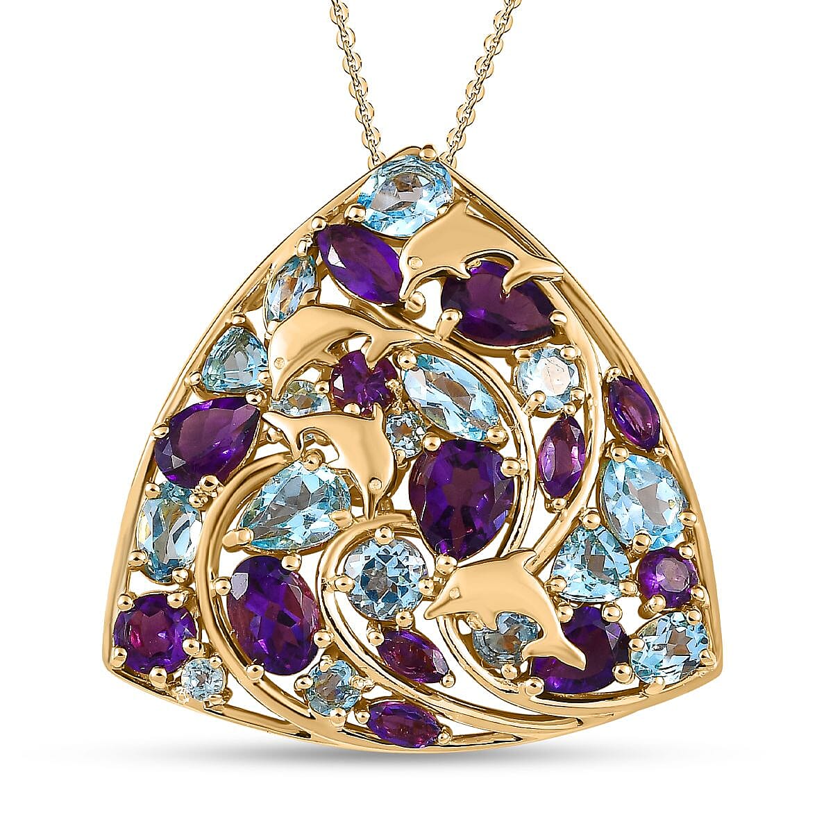 GP- Sea Life Collection - Amethyst and Swiss Blue Topaz Pendant with Chain (Size 20) in 18K Yellow Gold Vermeil Plated Sterling Silver 6.97 Ct, Silver Wt. 8 41 Gms